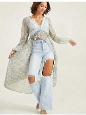 Altar'd State Sage Green & Light Blue Floral  Boho Kimono Cardigan Duster Large